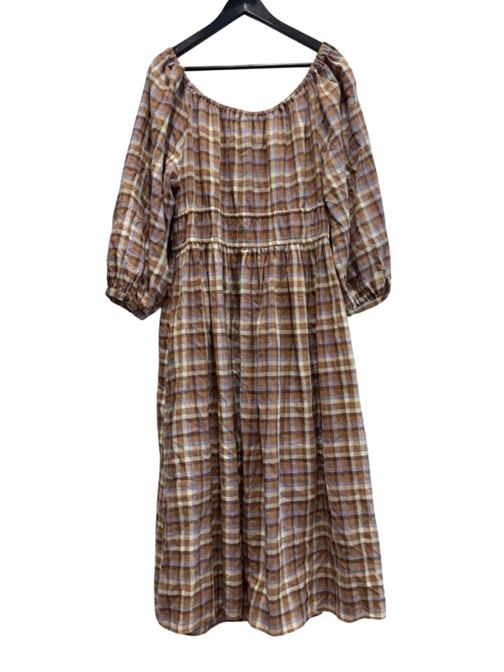 Madewell Gauze Sophia Midi Peasant Cottage Dress Brown Purple Plaid Size Large - Picture 5 of 7